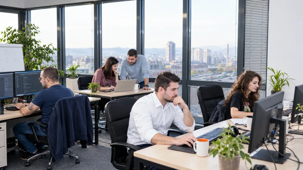 The Atom Solutions open-plan office in Sofia with developers at work